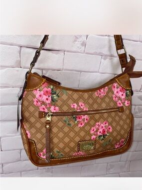 b.o.c. Brown Floral Print Shoulder Bag with Pink Accents